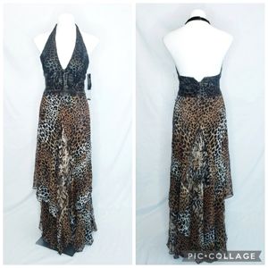 NWT Jovani Beaded Halter Silk Leopard Print Gown Prom Dress